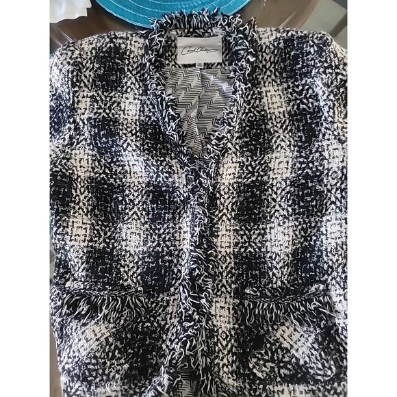 Carol Anderson by Invitation Blazer Jacket Sz 10 Black White Plaid Tweed Fringe - Picture 5 of 16